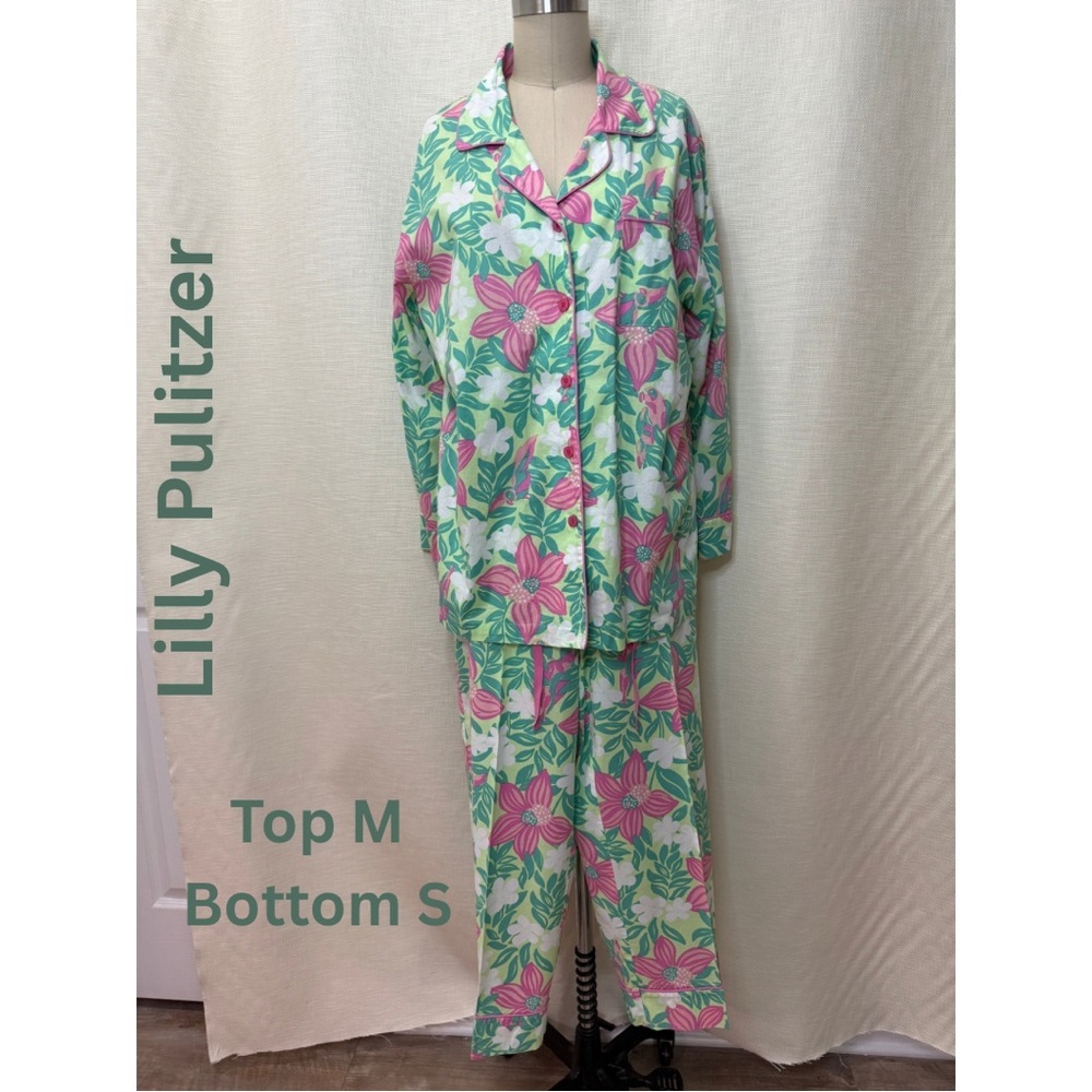 Lilly Pulitzer Floral Pajama Set Top M Pants S Cotton Sleepwear Bright Pink Cute